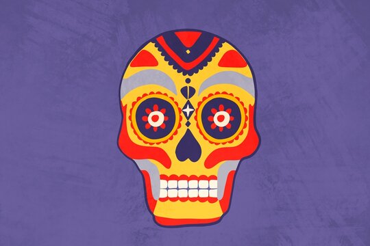 Colorful sugar skull illustration on a purple background