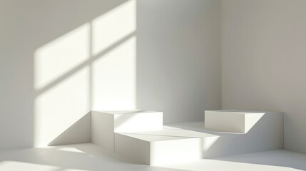 Simplistic abstract design: white square podiums in geometric interior with sunlight and shadow.
