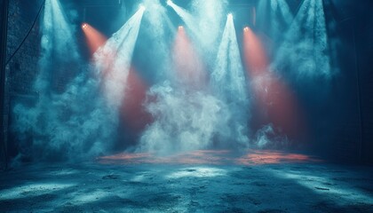 Three Spotlights Illuminating a Smoke-Filled Industrial Space