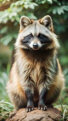 Fototapeta premium a raccoon dog with beautiful natural background