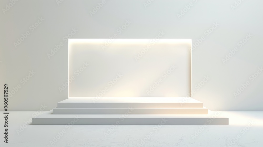 Wall mural White blank table platform with space for product and design, illuminated white backdrop, bright step platform background.