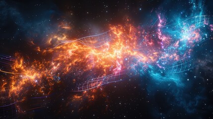 Naklejka premium Vibrant Matrix Grid, immersive virtual reality experience, dynamic particle explosion, glowing acceleration trails, colorful flashes, glitch effects in deep space exploration.