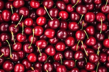 A top view of fresh cherries, a pile full of juicy red cherries, a background filled with vibrant and bright cherry fruits