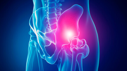 The image shows an X-ray visualization of the hip joint, with a red glow indicating pain or injury. The focus is on the pelvic bone structure and joints