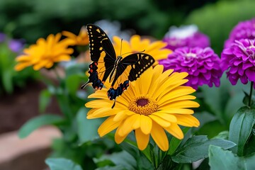 Obraz premium Butterflies and flowers, fluttering wings, vibrant petals form a dance of color in a summer garden