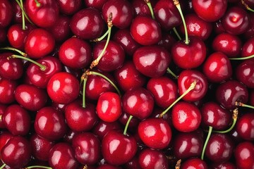 A top view of fresh cherries, a pile full of juicy red cherries, a background filled with vibrant and bright cherry fruits