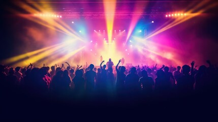Vibrant concert scene with silhouetted crowd cheering under dazzling stage lights, capturing the energy and excitement of live music