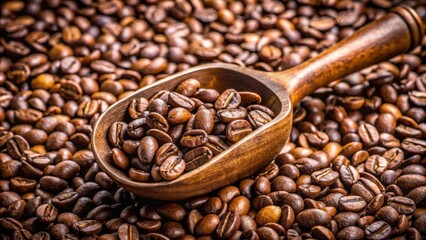 Fototapeta premium Close-up of roasted coffee beans with a wooden scoop, capturing rich textures and earthy tones.