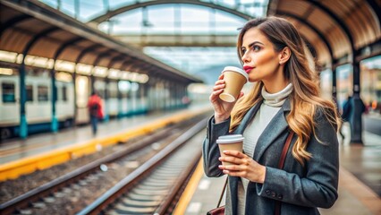 Fototapeta premium Stylish woman sipping coffee at the train station, waiting for her ride in a chic travel outfit.