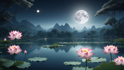 night illustration with the moon rising over a lake with lotus flowers