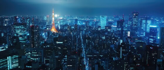 Fototapeta premium Glittering Metropolis: Vibrant Night Shot of Bustling Cityscape with Dazzling Lights and Skyscrapers