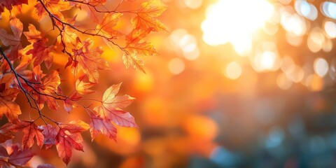 Fototapeta premium Autumn background with orange fall leaves. Garden scene on fall season with bright shiny sun ray and maple tree