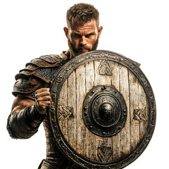 Naklejka premium A Viking warrior stands defiant, his weathered shield a testament to battles fought, his gaze unwavering.