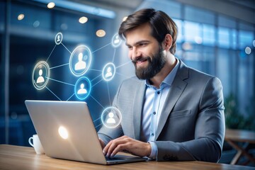 Businessman connecting with people online via laptop