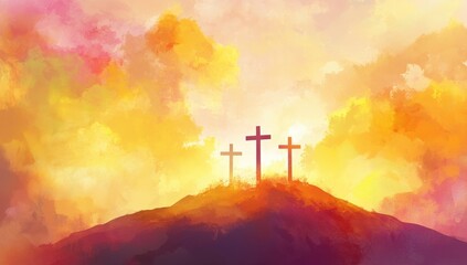 Obraz premium A digital painting of an Easter scene with the silhouette of two crosses on top of a hill, set against a backdrop of golden clouds and soft pastel hues Generative AI