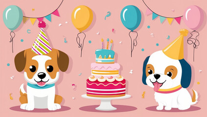 Fototapeta premium cute cartoon dog with cake, birthday flat design illustration