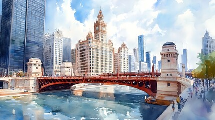 Obraz premium Watercolor Impressionist Cityscape of Iconic Chicago Landmarks and Architecture Along the River