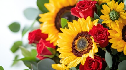 A lively bouquet featuring sunflowers and red roses, exuding a cheerful and vibrant atmosphere.