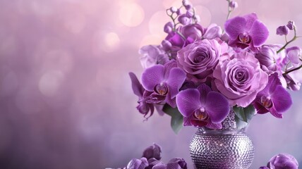 A chic bouquet featuring purple roses and orchids in a sparkling vase, perfect for Valentine’s Day.