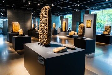 History museum exhibit on the history of writing and communication, illustrated in a scene where ancient scripts, writing tools, and communication devices are displayed, showing the evolution