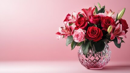Fototapeta premium Luxurious Valentine's Day flower arrangement with red roses and lilies, placed in a crystal vase against a pink background.