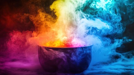 A cauldron bubbles vigorously, releasing colorful smoke that swirls and dances in the air. The vibrant hues create a magical, captivating ambiance as night falls