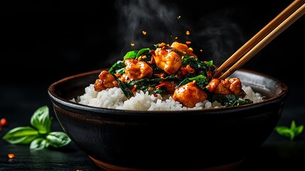 A platter of threecup chicken, stirfried with basil, garlic, and ginger, served in a traditional clay pot