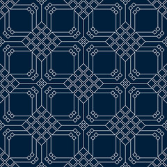 Seamless geometric pattern with white lines forming a series of interlocking squares and diamonds on a dark blue background. Suitable for backgrounds, textile designs or decorative elements.