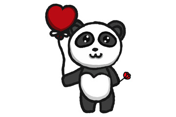 Cartoon Panda holding love balloons and roses