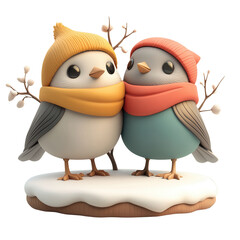 Two cute cartoon birds in winter outfits, warmly dressed with scarves and hats, standing together on a snowy surface.