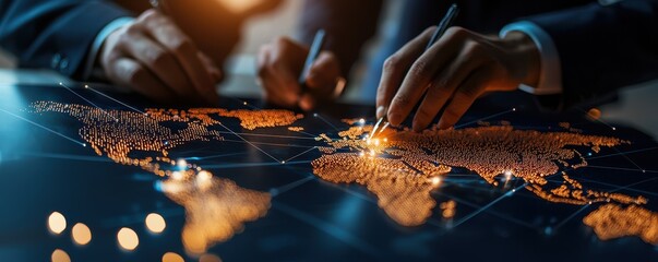 Naklejka premium A detailed map with illuminated regions, showcasing a strategic planning session by business professionals.