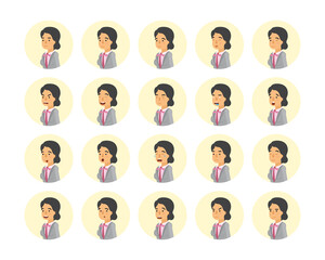 Vector young adult woman avatars and emoticons set in flat style, side view.