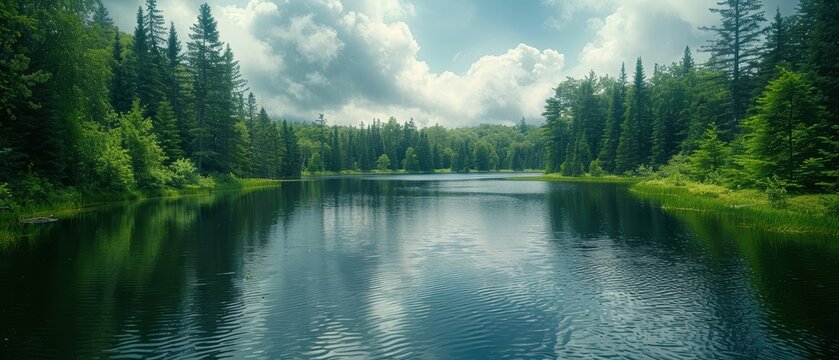 Serene Tranquility - Stunning Shot of a Peaceful Lake Encircled by Lush Forest Greenery