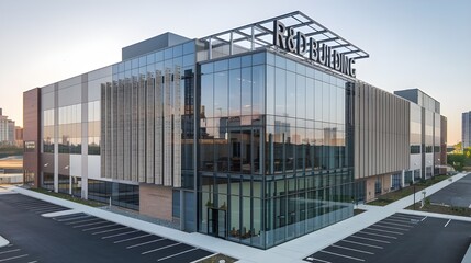 A modern R&D building with a commercial facility. The building has a glass facade, with some sections having a textured,brick-like appearance. A large sign says "R&D Building". 