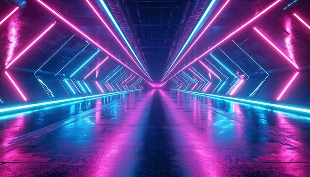 Futuristic Neon Lit Tunnel with Pink and Blue Lights