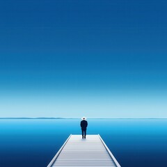 Obraz premium A lone person stands on a serene dock, gazing over endless blue waters and a clear sky, evoking tranquility and reflection.