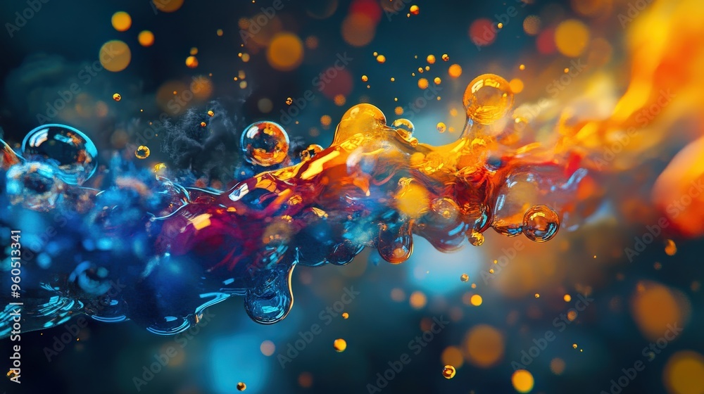 Poster a catalyst interacts with a fluid, creating mesmerizing patterns of colors and bubbles, showcasing t