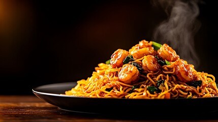 A serving of chow mein noodles, stirfried with shrimp, vegetables, and soy sauce, arranged neatly on a traditional Chinese plate