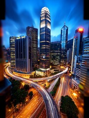 Stunning cityscape featuring illuminated skyscrapers and winding roads, showcasing urban life at twilight.