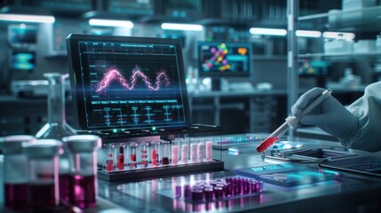Laboratory scientist conducts advanced research with futuristic technology and data analysis in high-tech lab setting.