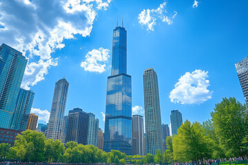 Fototapeta premium Green park in modern city with tall glass building