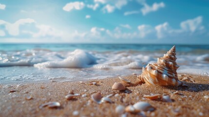 Seashell on the sandy beach with the ocean behind it
