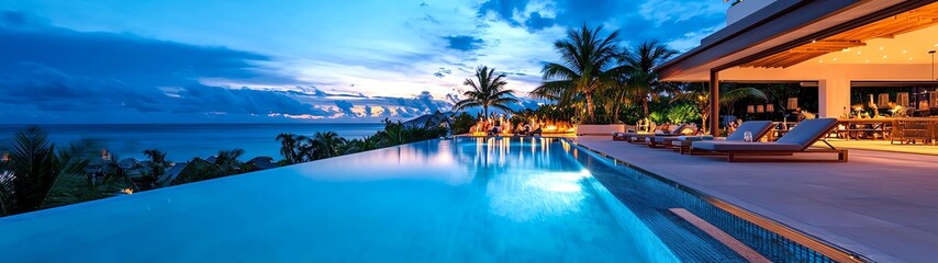 Stunning twilight view of a luxury villa with an infinity pool and palm trees, offering a serene tropical getaway experience.