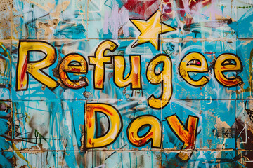 Obraz premium A poster that saysrefugees day day day, refugees day, awareness poster, refugee support, humanitarian poster, advocacy day
