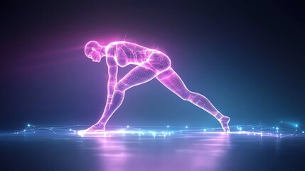 Fototapeta premium A luminous, digital depiction of a runner in a starting position, showcasing futuristic movement and energy.