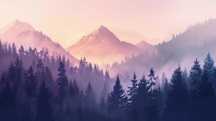 Obraz premium foggy magical forest with pine trees in soft pastel color illustration