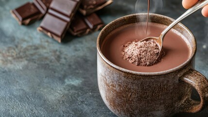 A steaming pot of rich, velvety hot cocoa being poured into a rustic mug, with a spoon stirring in freshly grated chocolate