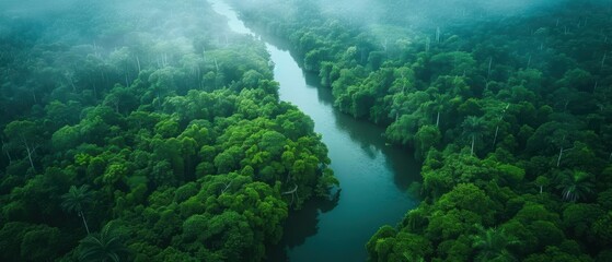 Naklejka premium Majestic Aerial View of a Dense Lush Rainforest with Towering Trees and Winding Rivers in