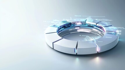 Futuristic circular structure with glowing elements and digital data streams, ideal for technology and innovation themes.