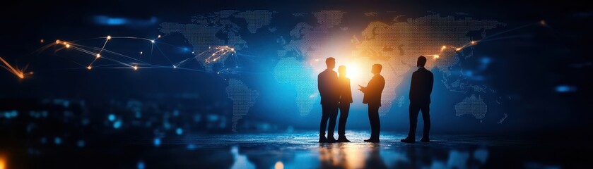 Silhouettes of business professionals discussing in front of a glowing world map, symbolizing global networking and innovation.